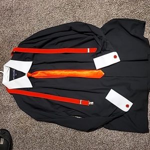 Black, white dress shirt w/ red tie suspenders and cuff links